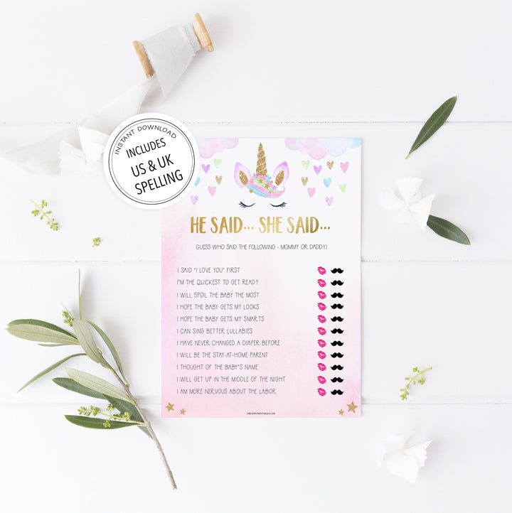he said she said baby game, Printable baby shower games, unicorn baby games, baby shower games, fun baby shower ideas, top baby shower ideas, unicorn baby shower, baby shower games, fun unicorn baby shower ideas