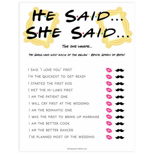 editable bridal he said she said game, Printable bridal shower games, friends bridal shower, friends bridal shower games, fun bridal shower games, bridal shower game ideas, friends bridal shower