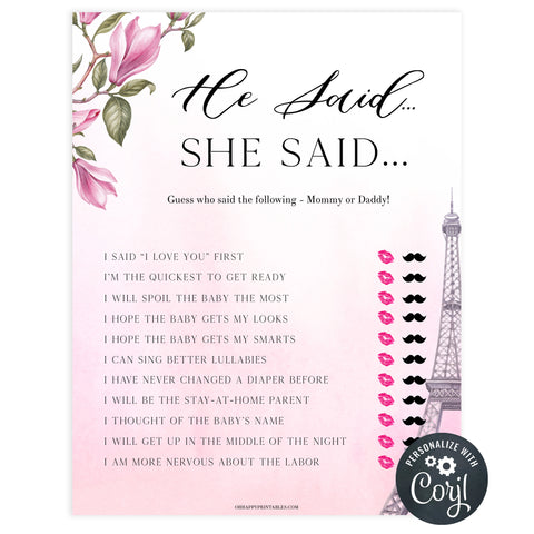 editable he said she said baby game, Paris baby shower games, printable baby shower games, Parisian baby shower games, fun baby shower games