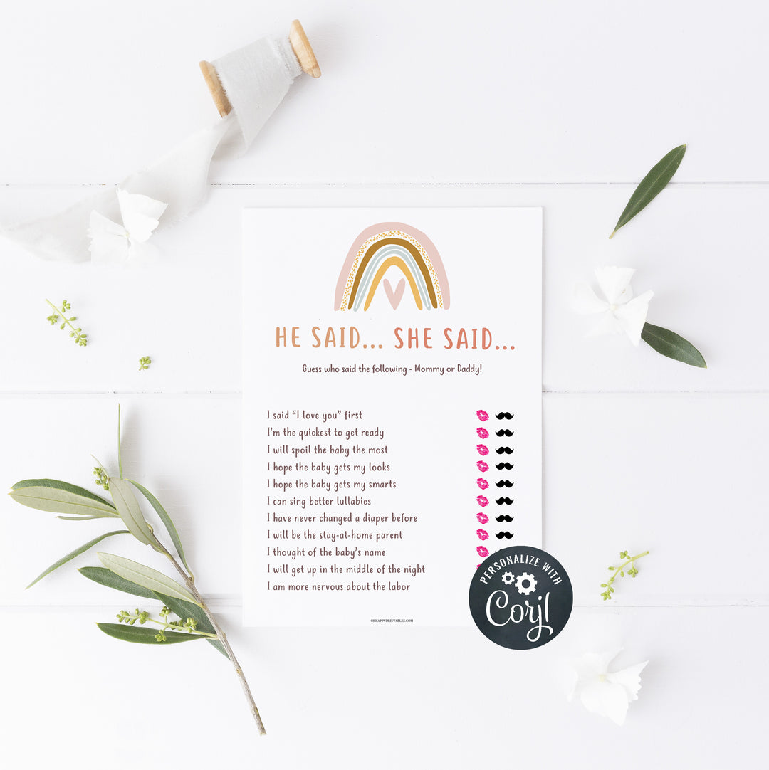 editable he said she said baby shower games, printable baby shower games, boho rainbow baby shower games