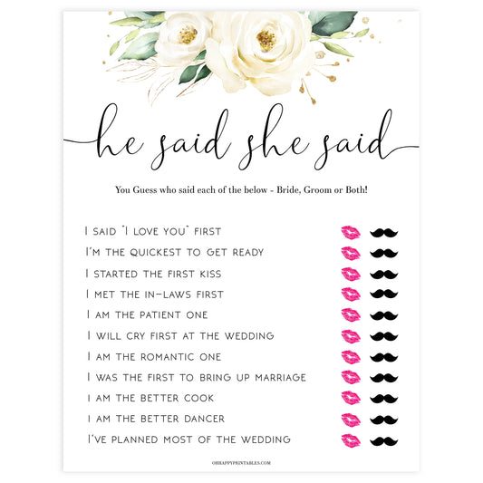 he said she said editable bridal game, Printable bridal shower games, floral bridal shower, floral bridal shower games, fun bridal shower games, bridal shower game ideas, floral bridal shower