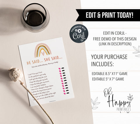 editable he said she said baby shower games, printable baby shower games, boho rainbow baby shower games