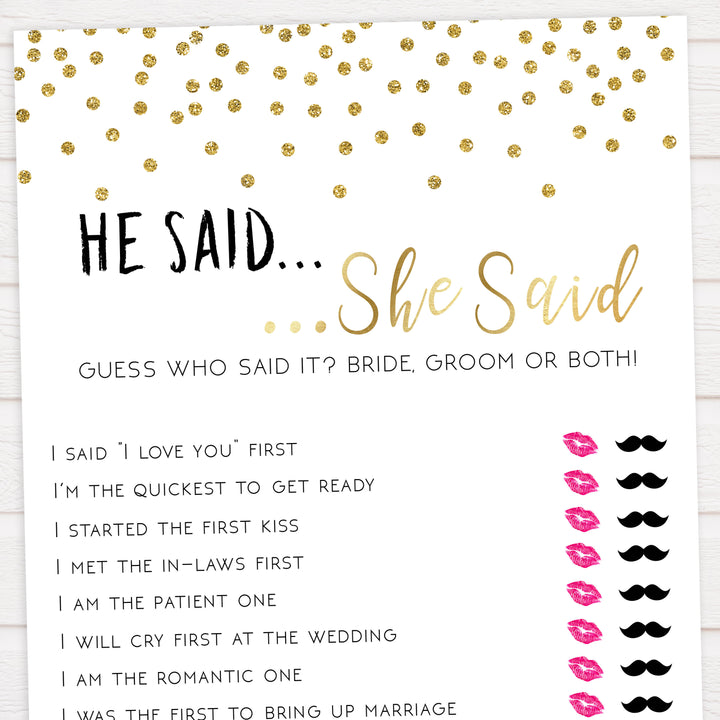 he said she said bridal game, Printable bridal shower games, gold glitter bridal shower, gold glitter bridal shower games, fun bridal shower games, bridal shower game ideas, gold glitter bridal shower