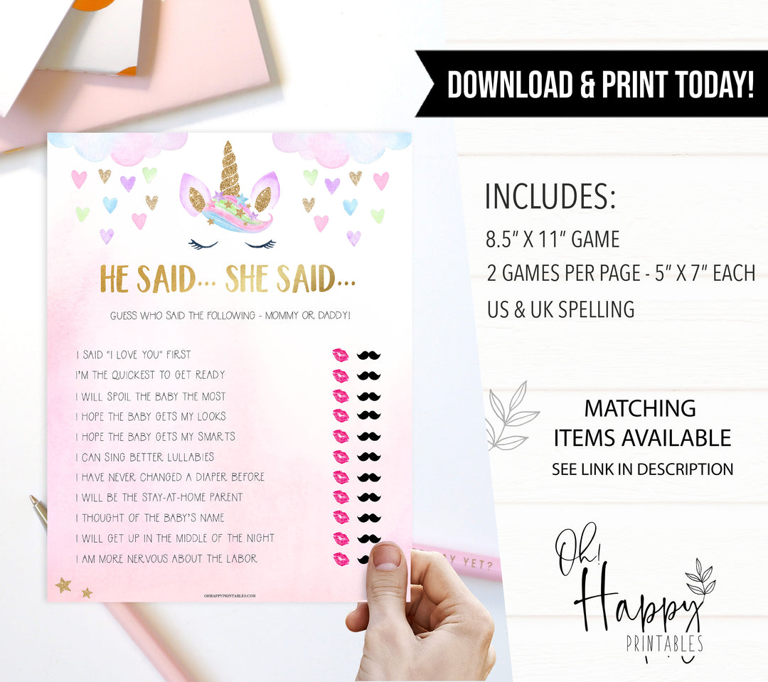 he said she said baby game, Printable baby shower games, unicorn baby games, baby shower games, fun baby shower ideas, top baby shower ideas, unicorn baby shower, baby shower games, fun unicorn baby shower ideas
