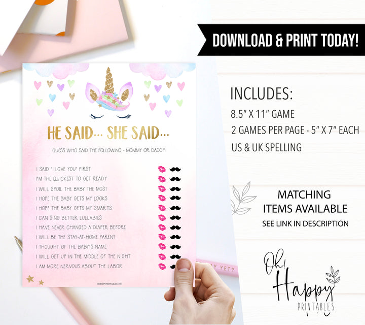 he said she said baby game, Printable baby shower games, unicorn baby games, baby shower games, fun baby shower ideas, top baby shower ideas, unicorn baby shower, baby shower games, fun unicorn baby shower ideas