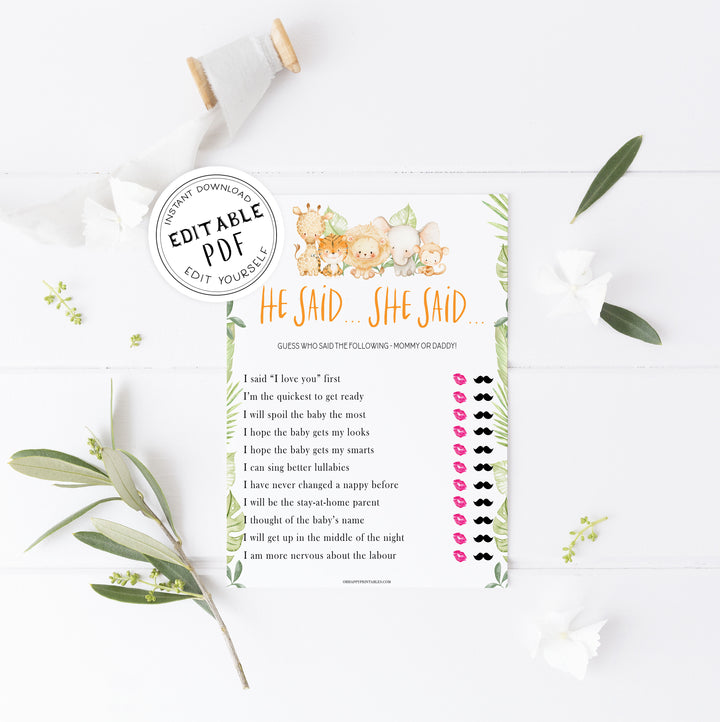 he said she said baby shower game,  Printable baby shower games, safari animals baby games, baby shower games, fun baby shower ideas, top baby shower ideas, safari animals baby shower, baby shower games, fun baby shower ideas