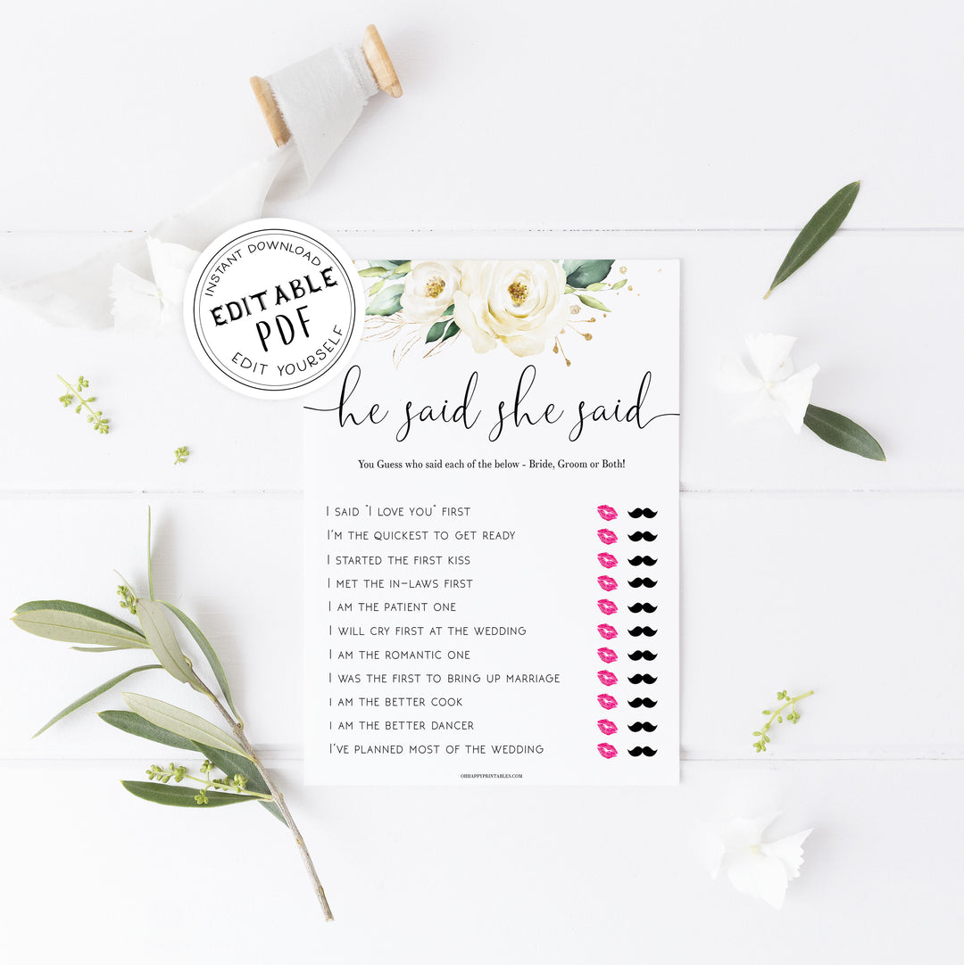 he said she said editable bridal game, Printable bridal shower games, floral bridal shower, floral bridal shower games, fun bridal shower games, bridal shower game ideas, floral bridal shower