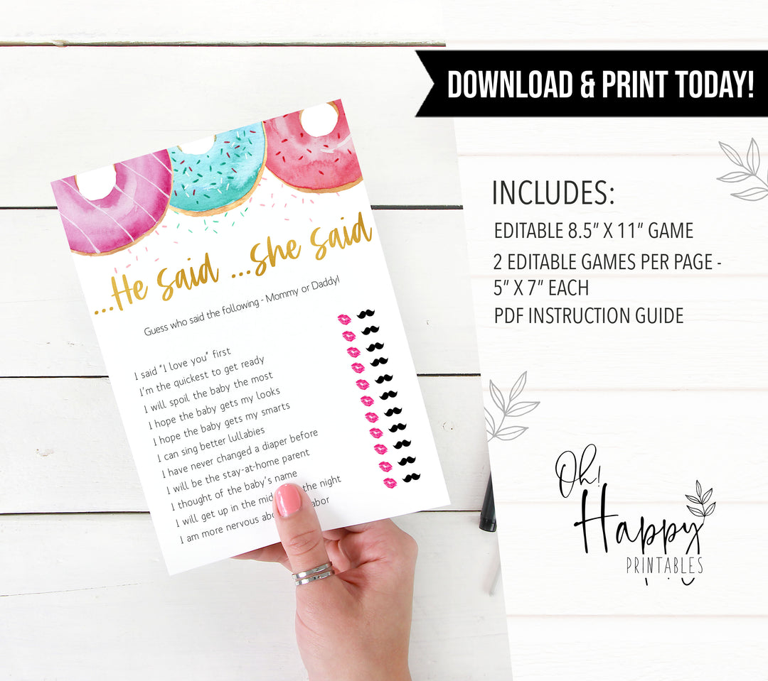 editable baby games, he said she said baby game, Printable baby shower games, donut baby games, baby shower games, fun baby shower ideas, top baby shower ideas, donut sprinkles baby shower, baby shower games, fun donut baby shower ideas