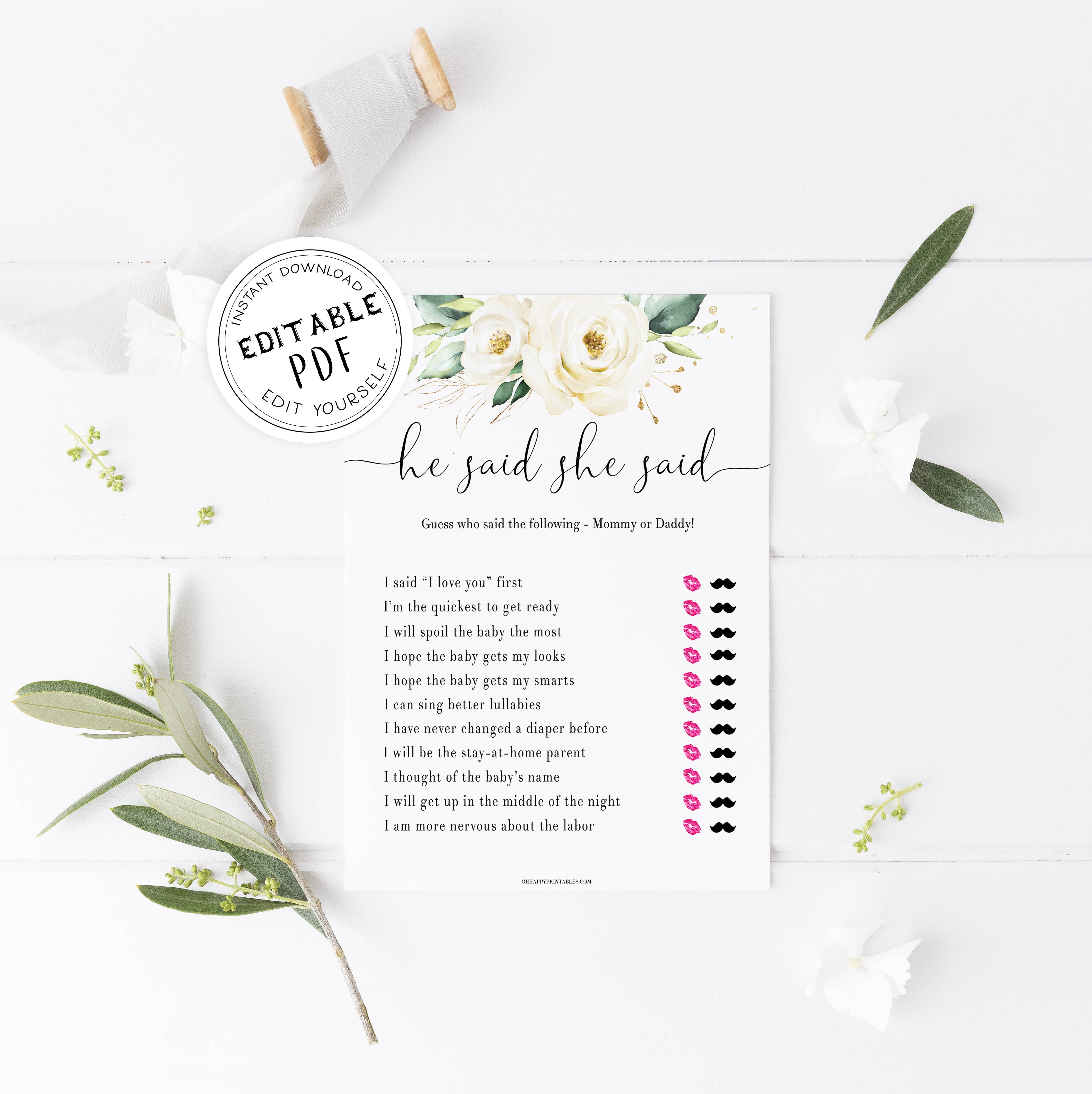 he said she said baby game, editable baby game, Printable baby shower games, shite floral baby games, baby shower games, fun baby shower ideas, top baby shower ideas, floral baby shower, baby shower games, fun floral baby shower ideas