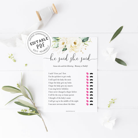 he said she said baby game, editable baby game, Printable baby shower games, shite floral baby games, baby shower games, fun baby shower ideas, top baby shower ideas, floral baby shower, baby shower games, fun floral baby shower ideas