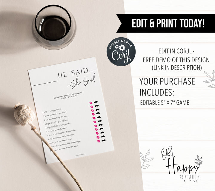 Printable baby shower game He Said She Said with a modern minimalist design