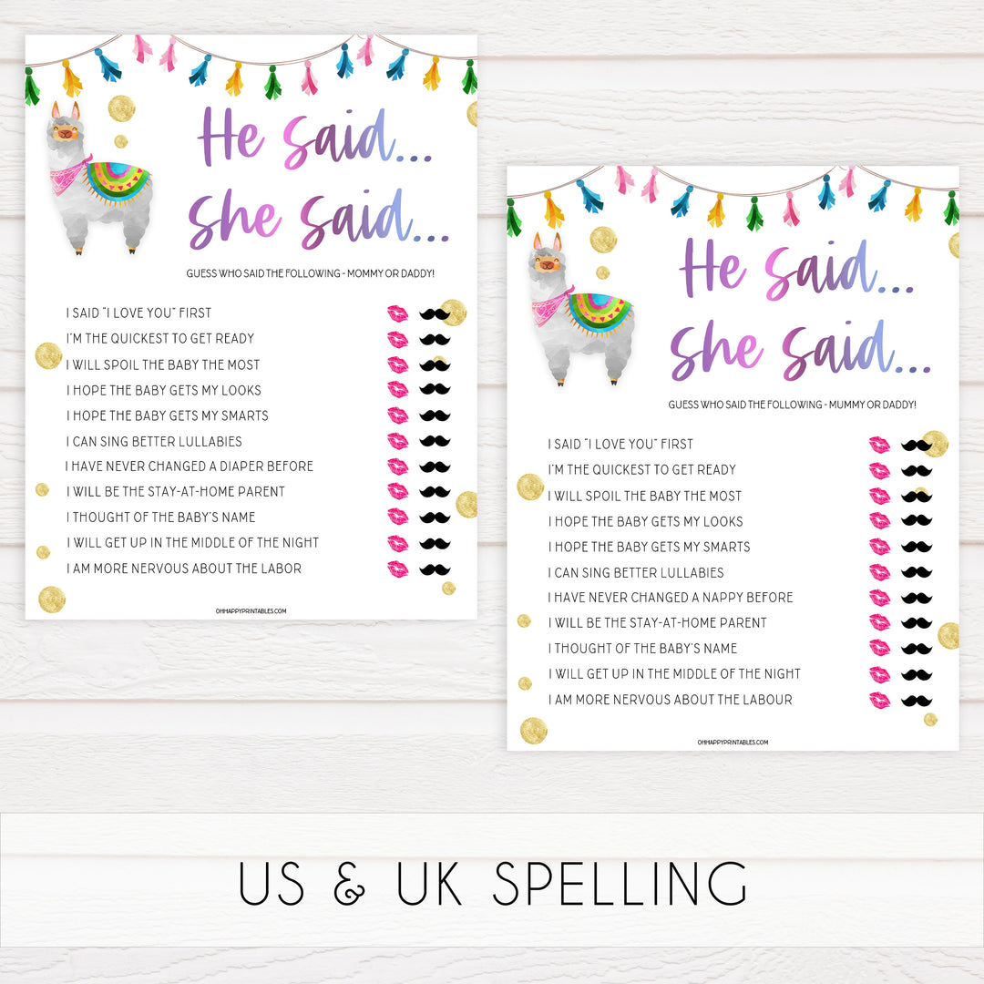 he said she said baby game, Printable baby shower games, llama fiesta fun baby games, baby shower games, fun baby shower ideas, top baby shower ideas, Llama fiesta shower baby shower, fiesta baby shower ideas