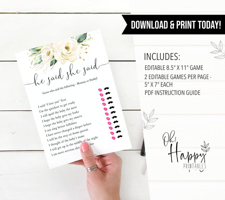he said she said baby game, editable baby game, Printable baby shower games, shite floral baby games, baby shower games, fun baby shower ideas, top baby shower ideas, floral baby shower, baby shower games, fun floral baby shower ideas