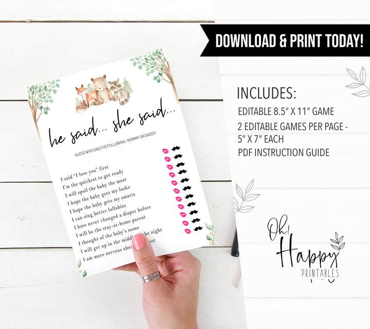 he said she said baby shower game, Printable baby shower games, woodland animals baby games, baby shower games, fun baby shower ideas, top baby shower ideas, woodland baby shower, baby shower games, fun woodland animals baby shower ideas