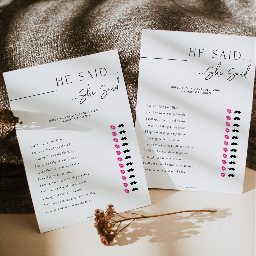 Printable baby shower game He Said She Said with a modern minimalist design