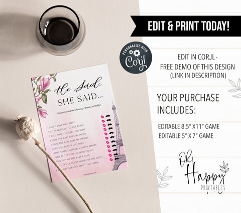 editable he said she said baby game, Paris baby shower games, printable baby shower games, Parisian baby shower games, fun baby shower games