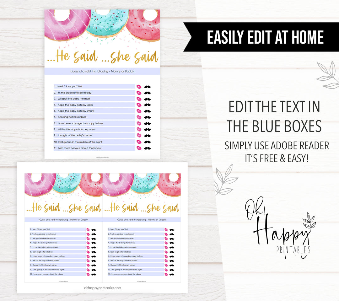 editable baby games, he said she said baby game, Printable baby shower games, donut baby games, baby shower games, fun baby shower ideas, top baby shower ideas, donut sprinkles baby shower, baby shower games, fun donut baby shower ideas