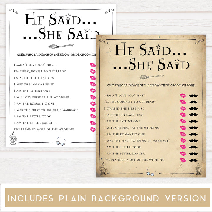 bridal he said she said game, Printable bridal shower games, Harry potter bridal shower, Harry Potter bridal shower games, fun bridal shower games, bridal shower game ideas, Harry Potter bridal shower