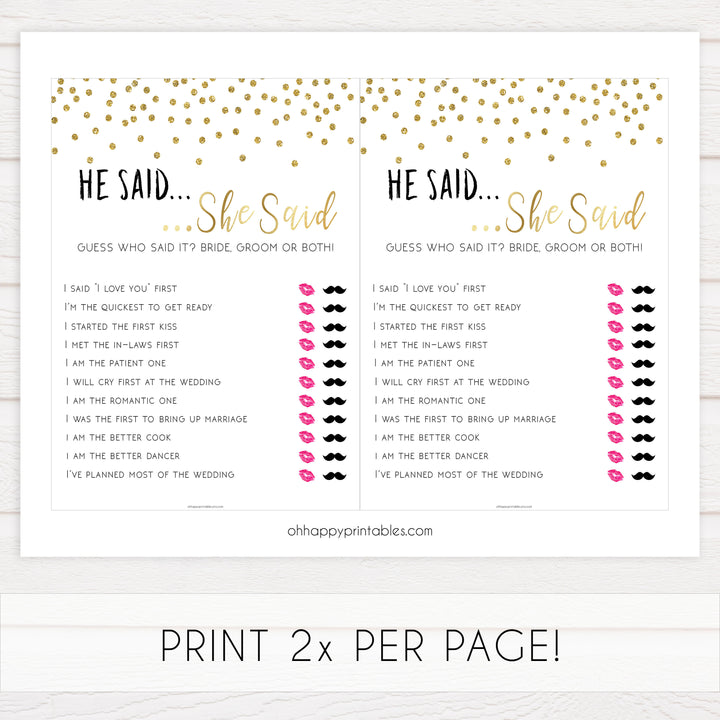 he said she said bridal game, Printable bridal shower games, gold glitter bridal shower, gold glitter bridal shower games, fun bridal shower games, bridal shower game ideas, gold glitter bridal shower