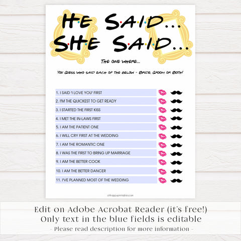 editable bridal he said she said game, Printable bridal shower games, friends bridal shower, friends bridal shower games, fun bridal shower games, bridal shower game ideas, friends bridal shower