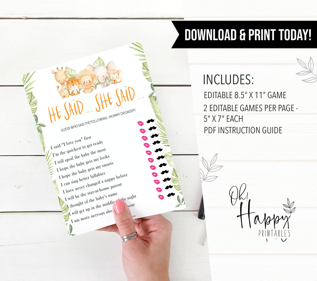 he said she said baby shower game,  Printable baby shower games, safari animals baby games, baby shower games, fun baby shower ideas, top baby shower ideas, safari animals baby shower, baby shower games, fun baby shower ideas