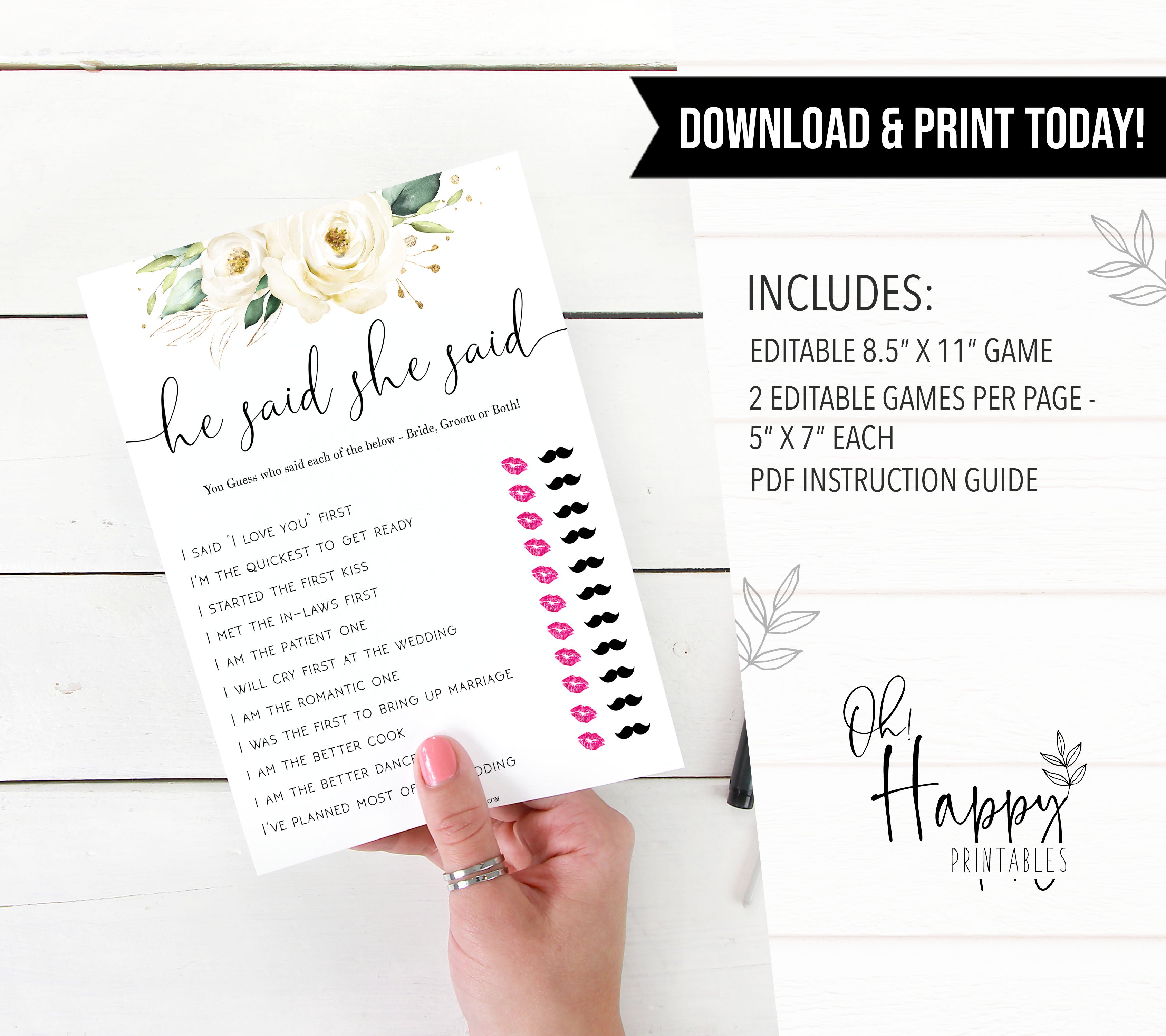 he said she said editable bridal game, Printable bridal shower games, floral bridal shower, floral bridal shower games, fun bridal shower games, bridal shower game ideas, floral bridal shower