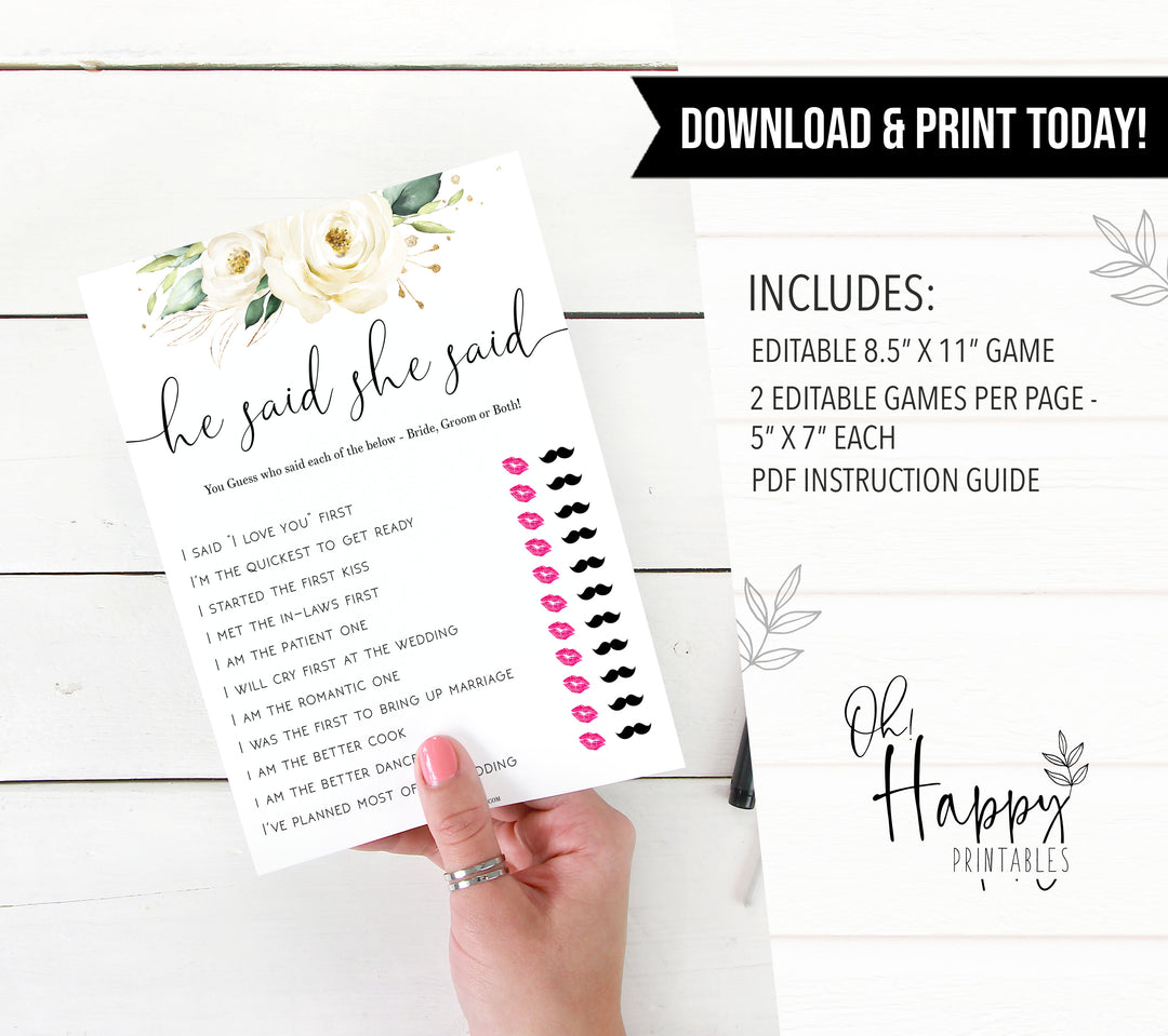 he said she said editable bridal game, Printable bridal shower games, floral bridal shower, floral bridal shower games, fun bridal shower games, bridal shower game ideas, floral bridal shower