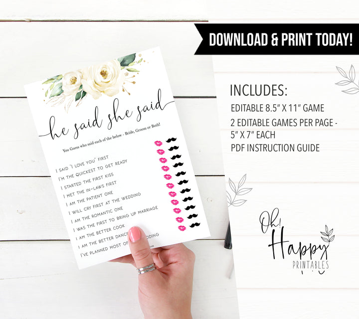 he said she said editable bridal game, Printable bridal shower games, floral bridal shower, floral bridal shower games, fun bridal shower games, bridal shower game ideas, floral bridal shower