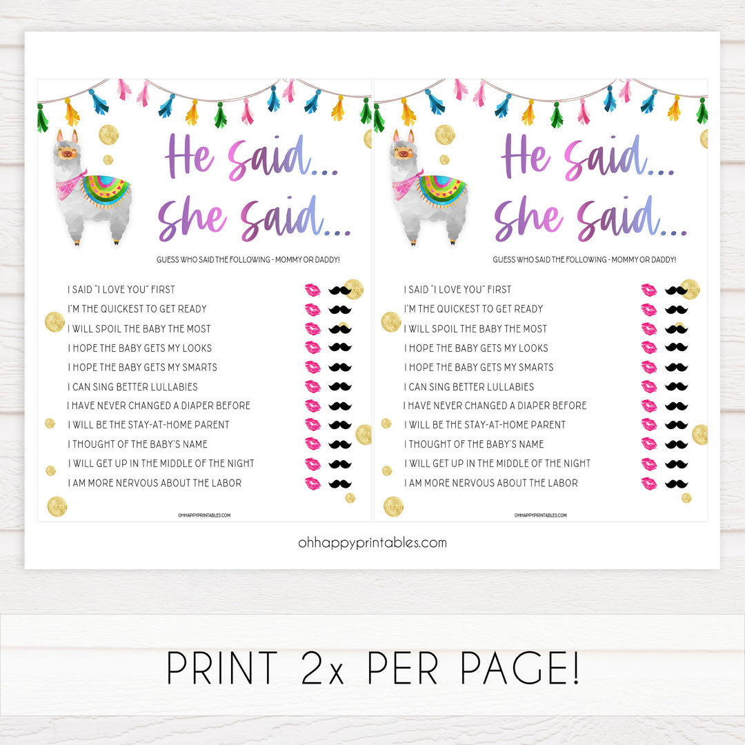 he said she said baby game, Printable baby shower games, llama fiesta fun baby games, baby shower games, fun baby shower ideas, top baby shower ideas, Llama fiesta shower baby shower, fiesta baby shower ideas