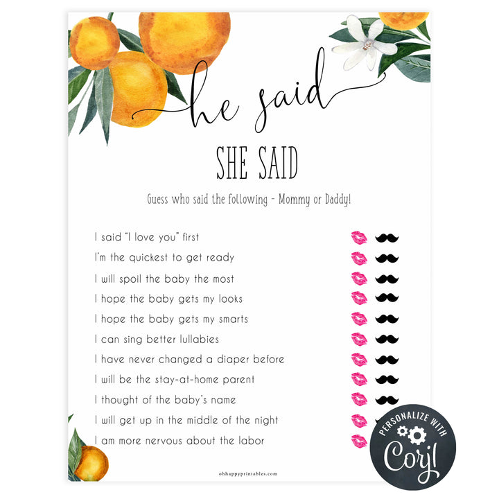 editable he said she said baby game, Printable baby shower games, little cutie baby games, baby shower games, fun baby shower ideas, top baby shower ideas, little cutie baby shower, baby shower games, fun little cutie baby shower ideas, citrus baby shower games, citrus baby shower, orange baby shower
