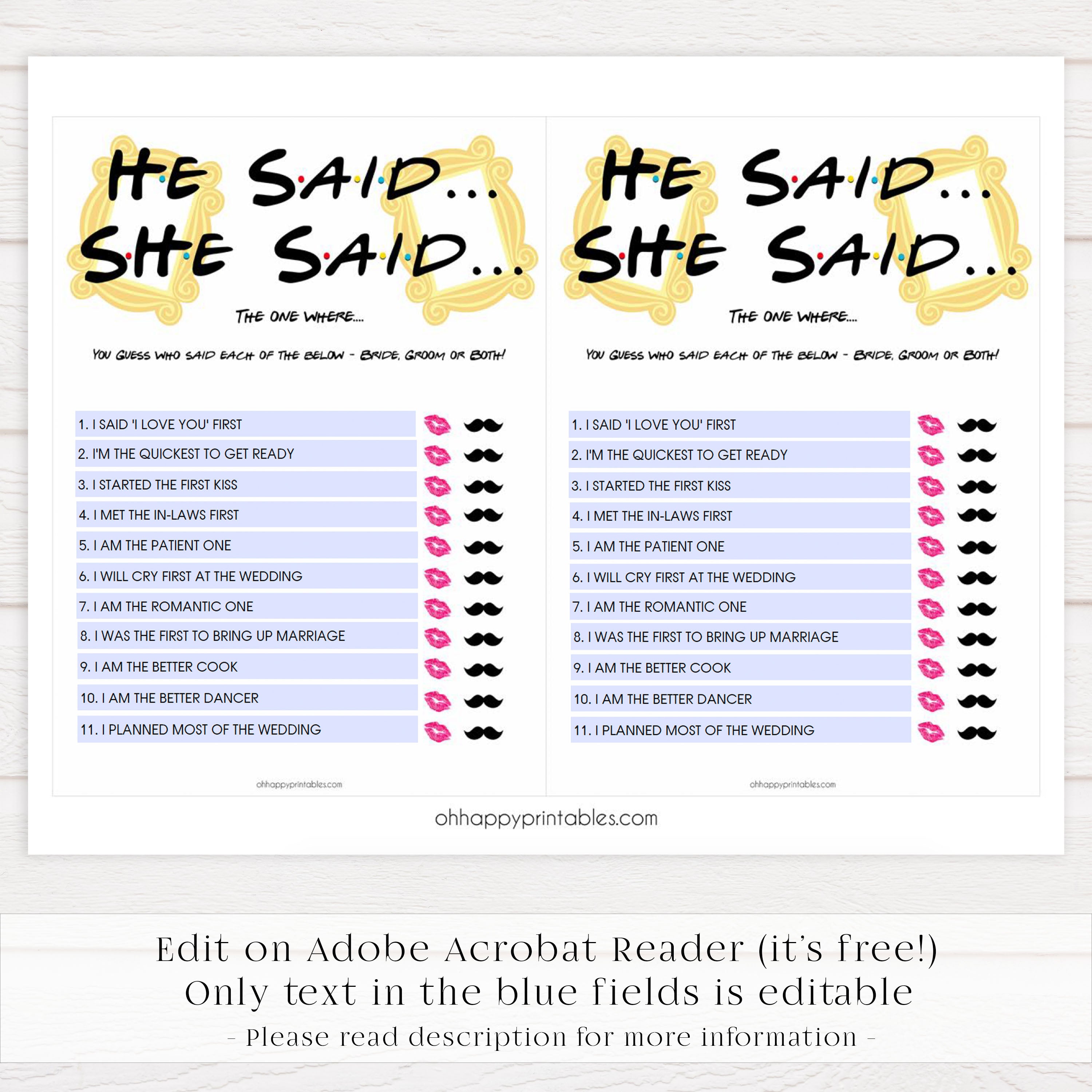 editable bridal he said she said game, Printable bridal shower games, friends bridal shower, friends bridal shower games, fun bridal shower games, bridal shower game ideas, friends bridal shower