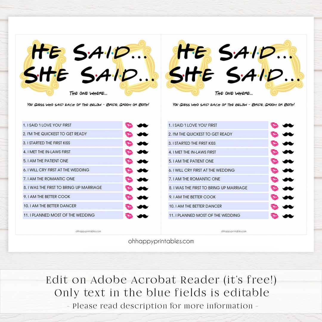 editable bridal he said she said game, Printable bridal shower games, friends bridal shower, friends bridal shower games, fun bridal shower games, bridal shower game ideas, friends bridal shower