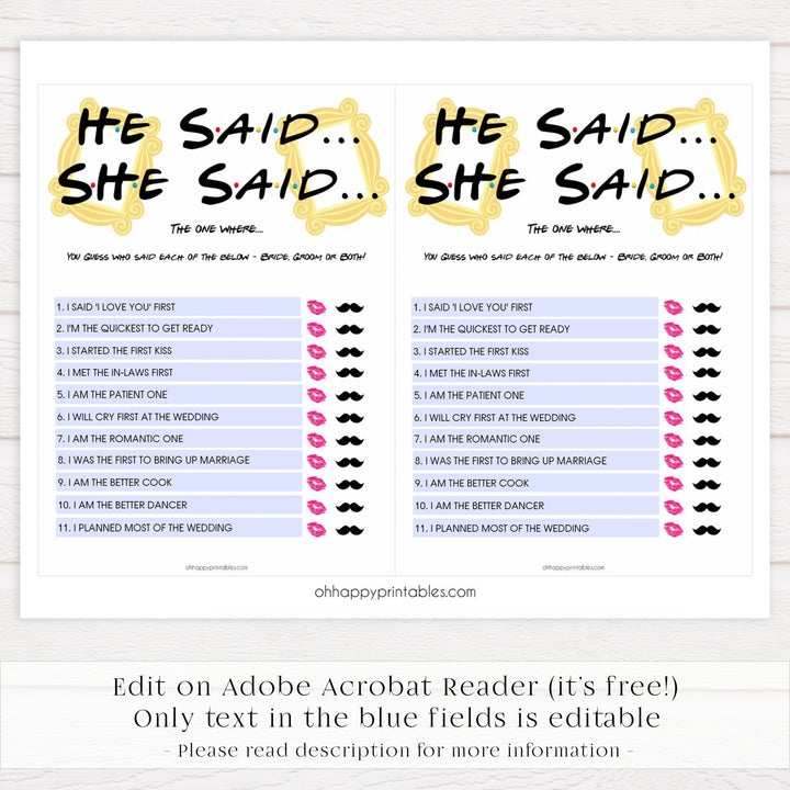 editable bridal he said she said game, Printable bridal shower games, friends bridal shower, friends bridal shower games, fun bridal shower games, bridal shower game ideas, friends bridal shower