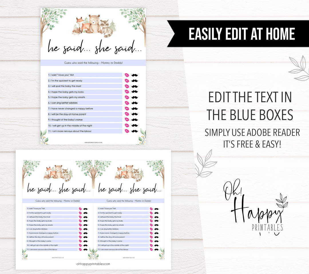 he said she said baby shower game, Printable baby shower games, woodland animals baby games, baby shower games, fun baby shower ideas, top baby shower ideas, woodland baby shower, baby shower games, fun woodland animals baby shower ideas