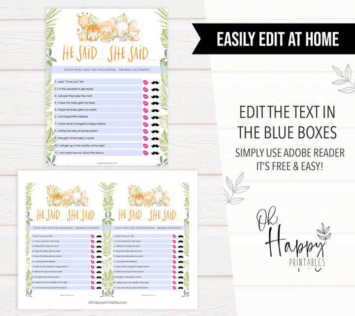 he said she said baby shower game,  Printable baby shower games, safari animals baby games, baby shower games, fun baby shower ideas, top baby shower ideas, safari animals baby shower, baby shower games, fun baby shower ideas