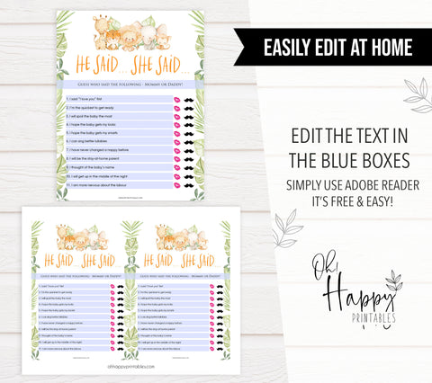 he said she said baby shower game,  Printable baby shower games, safari animals baby games, baby shower games, fun baby shower ideas, top baby shower ideas, safari animals baby shower, baby shower games, fun baby shower ideas