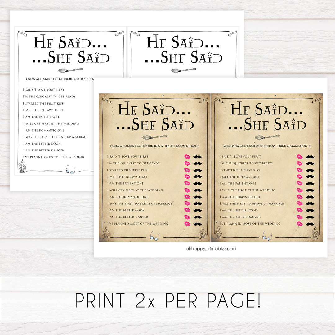 bridal he said she said game, Printable bridal shower games, Harry potter bridal shower, Harry Potter bridal shower games, fun bridal shower games, bridal shower game ideas, Harry Potter bridal shower