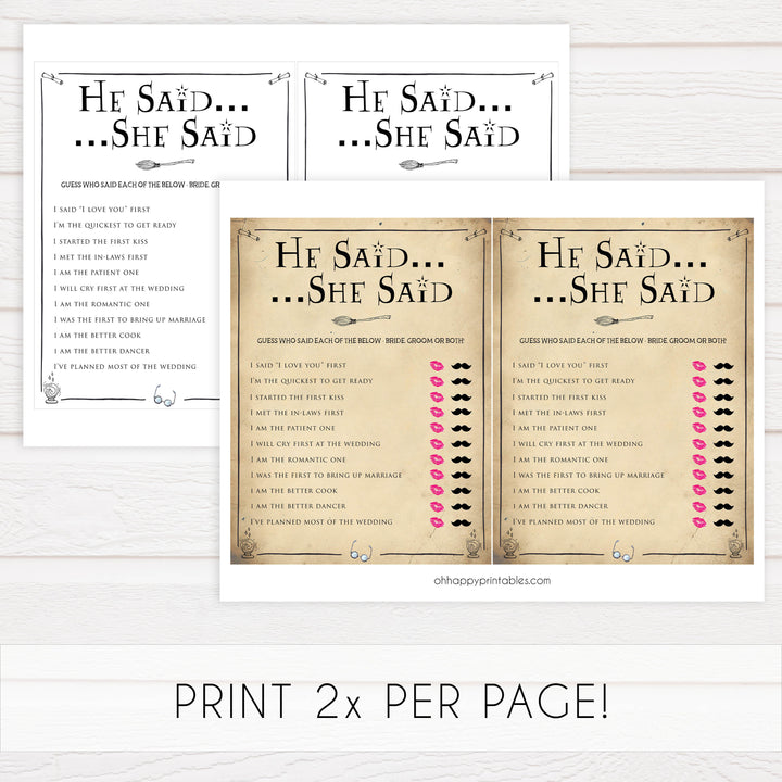 bridal he said she said game, Printable bridal shower games, Harry potter bridal shower, Harry Potter bridal shower games, fun bridal shower games, bridal shower game ideas, Harry Potter bridal shower