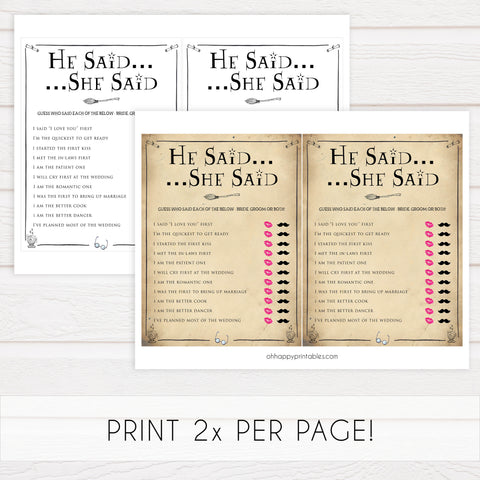 bridal he said she said game, Printable bridal shower games, Harry potter bridal shower, Harry Potter bridal shower games, fun bridal shower games, bridal shower game ideas, Harry Potter bridal shower