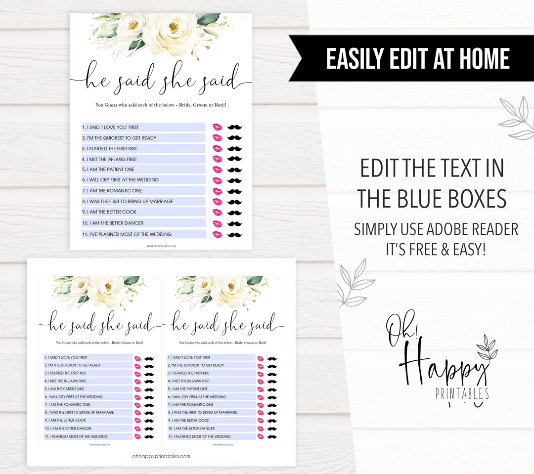 he said she said editable bridal game, Printable bridal shower games, floral bridal shower, floral bridal shower games, fun bridal shower games, bridal shower game ideas, floral bridal shower