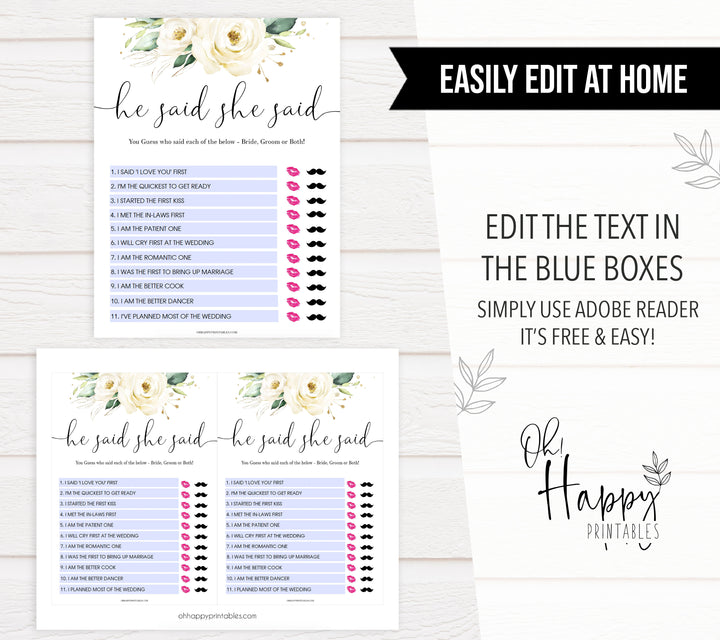 he said she said editable bridal game, Printable bridal shower games, floral bridal shower, floral bridal shower games, fun bridal shower games, bridal shower game ideas, floral bridal shower