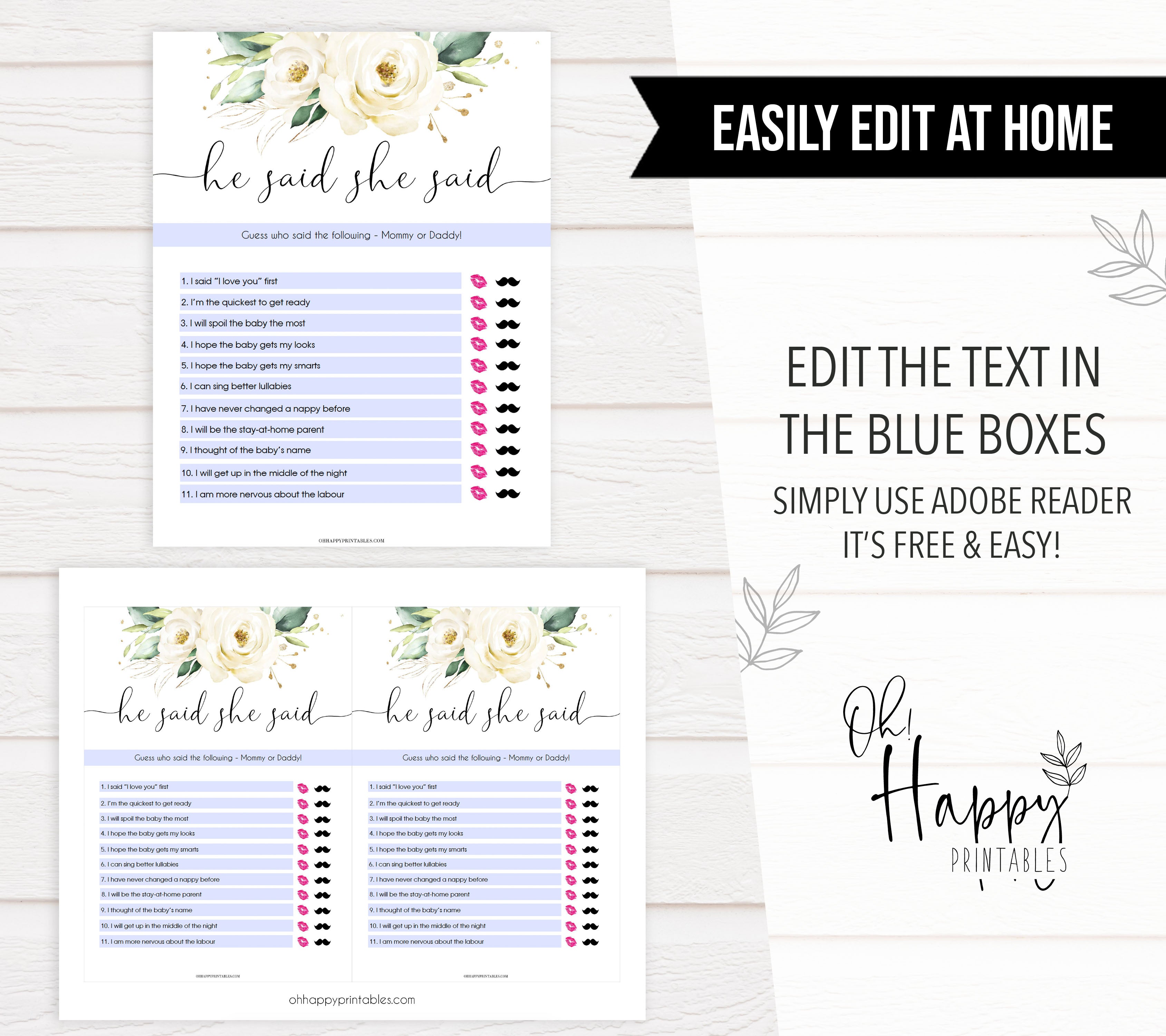 he said she said baby game, editable baby game, Printable baby shower games, shite floral baby games, baby shower games, fun baby shower ideas, top baby shower ideas, floral baby shower, baby shower games, fun floral baby shower ideas