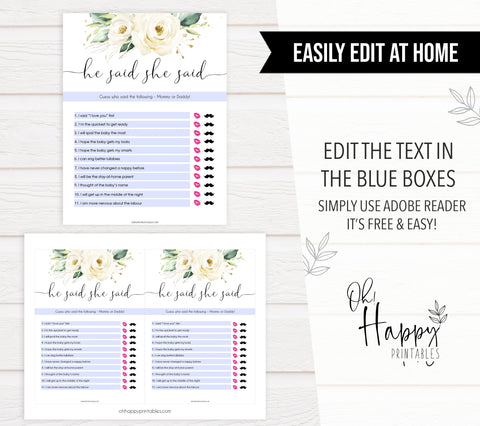 he said she said baby game, editable baby game, Printable baby shower games, shite floral baby games, baby shower games, fun baby shower ideas, top baby shower ideas, floral baby shower, baby shower games, fun floral baby shower ideas