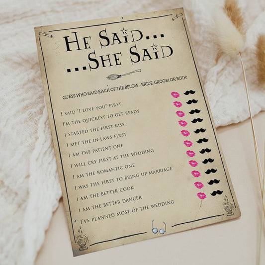 bridal he said she said game, Printable bridal shower games, Harry potter bridal shower, Harry Potter bridal shower games, fun bridal shower games, bridal shower game ideas, Harry Potter bridal shower