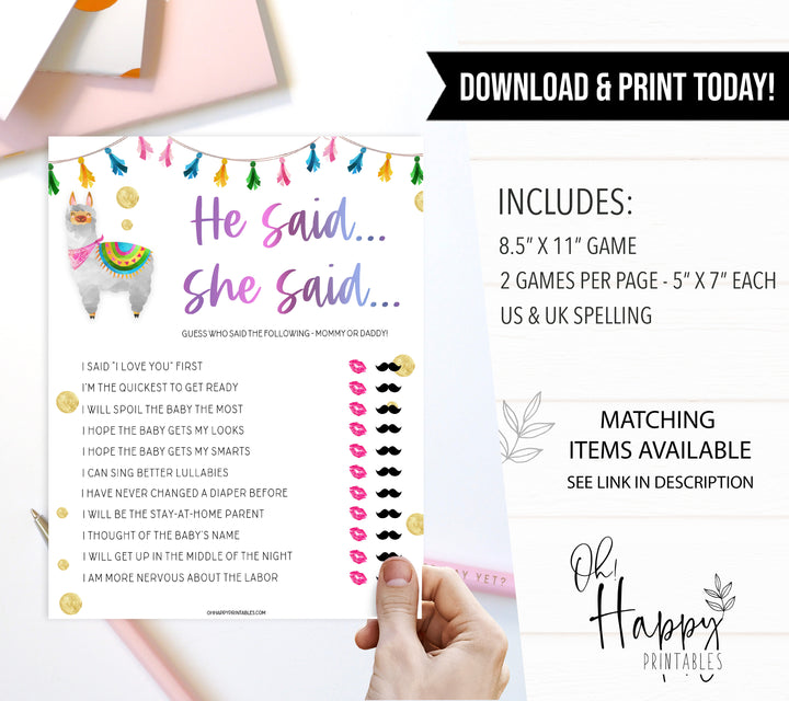 he said she said baby game, Printable baby shower games, llama fiesta fun baby games, baby shower games, fun baby shower ideas, top baby shower ideas, Llama fiesta shower baby shower, fiesta baby shower ideas