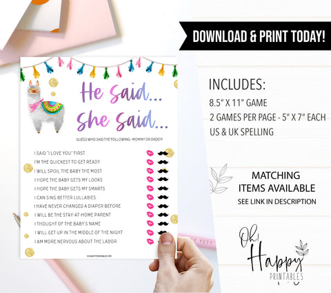 he said she said baby game, Printable baby shower games, llama fiesta fun baby games, baby shower games, fun baby shower ideas, top baby shower ideas, Llama fiesta shower baby shower, fiesta baby shower ideas