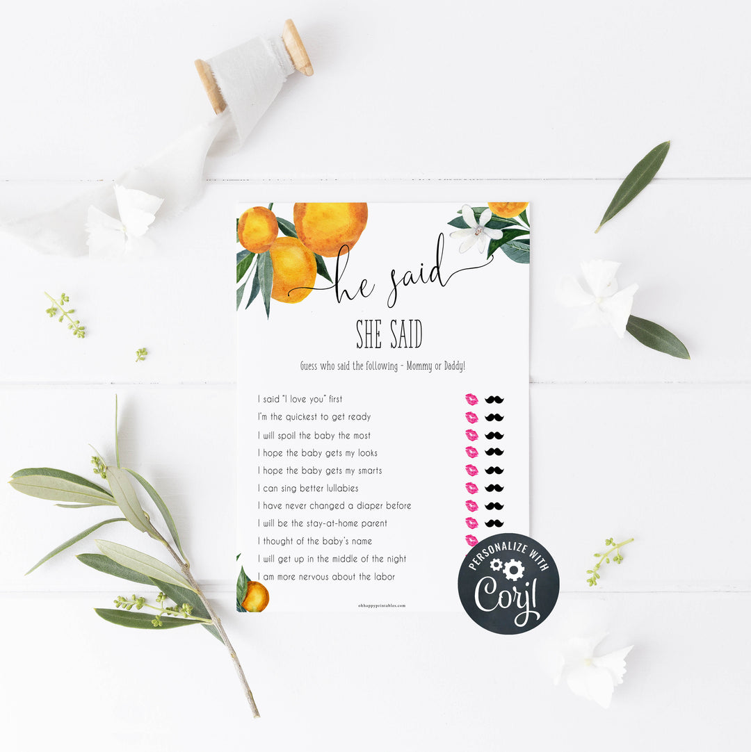editable he said she said baby game, Printable baby shower games, little cutie baby games, baby shower games, fun baby shower ideas, top baby shower ideas, little cutie baby shower, baby shower games, fun little cutie baby shower ideas, citrus baby shower games, citrus baby shower, orange baby shower