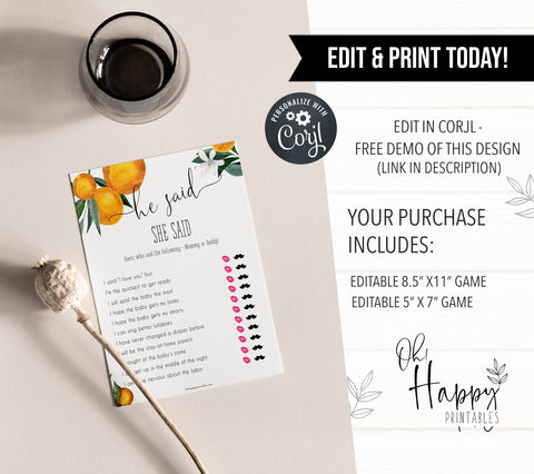 editable he said she said baby game, Printable baby shower games, little cutie baby games, baby shower games, fun baby shower ideas, top baby shower ideas, little cutie baby shower, baby shower games, fun little cutie baby shower ideas, citrus baby shower games, citrus baby shower, orange baby shower