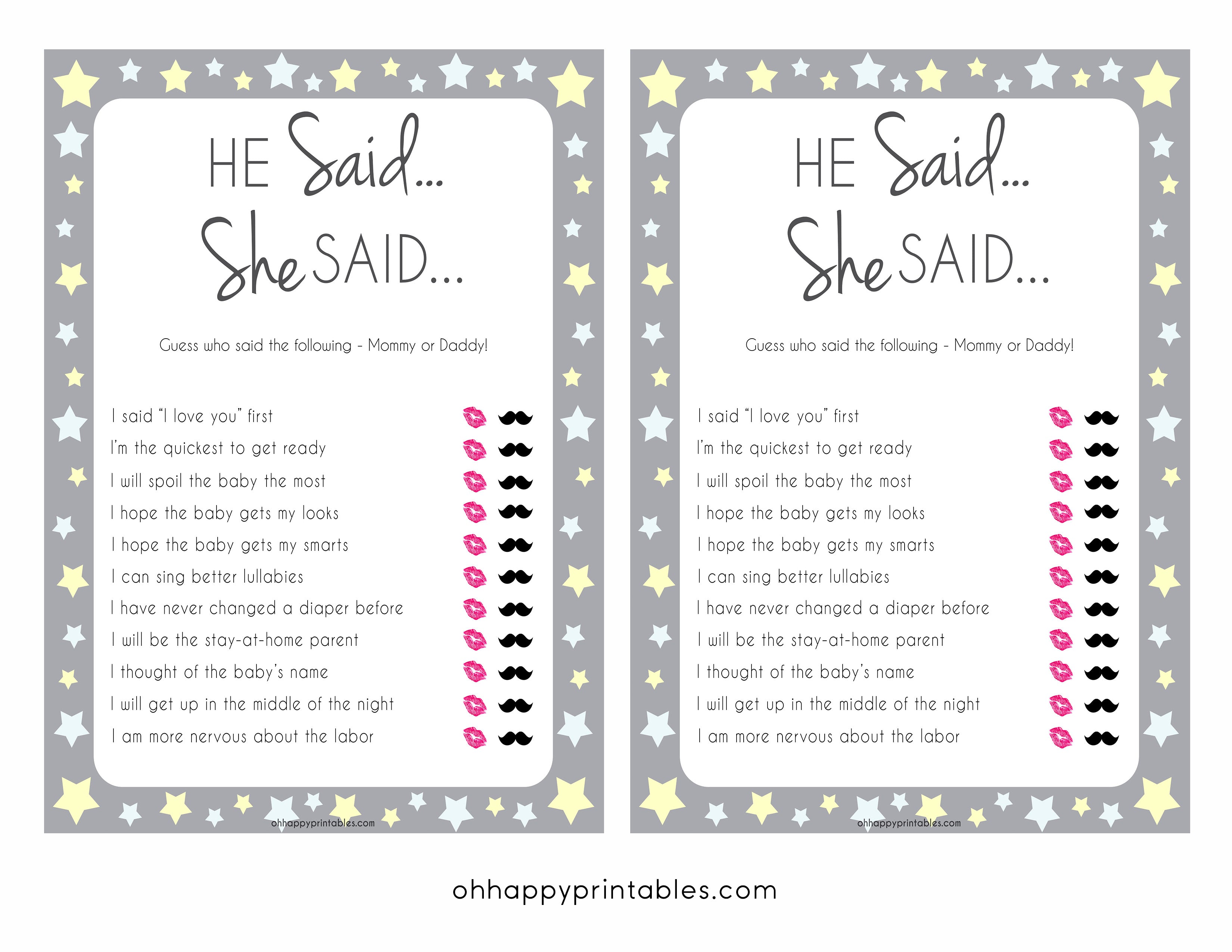 Grey Yellow Stars He Said She Said Baby Game, Who Said It, Pritnable Baby Shower Games, He Said She Said, Who Said It Mommy Daddy Game, fun baby shower games, popular baby shower games, printable baby shower games
