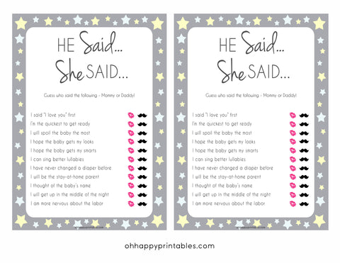 Grey Yellow Stars He Said She Said Baby Game, Who Said It, Pritnable Baby Shower Games, He Said She Said, Who Said It Mommy Daddy Game, fun baby shower games, popular baby shower games, printable baby shower games